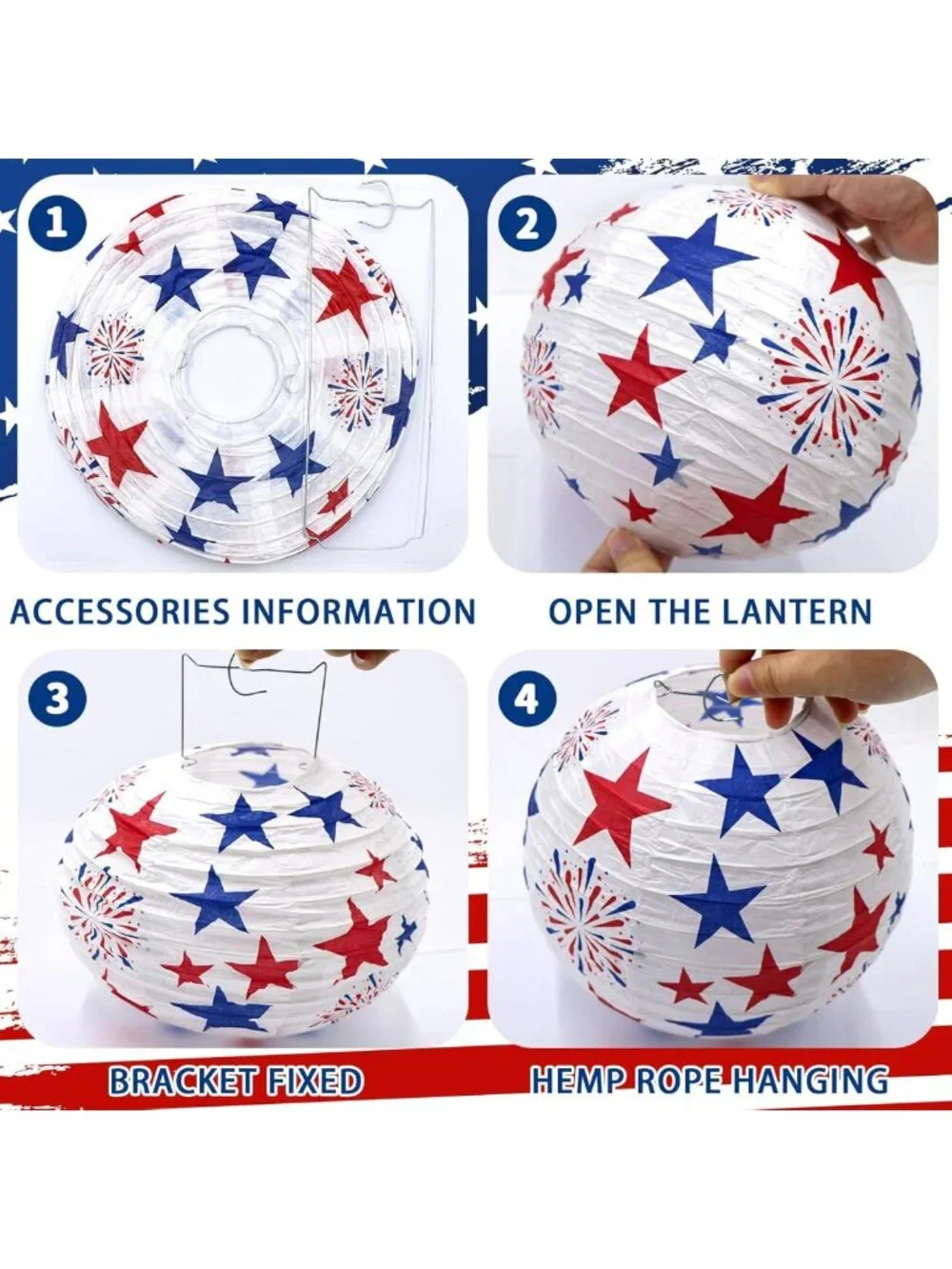 Patriotic 4th of July Paper Lanterns - Red, White & Blue Hanging Decor, 10PCS